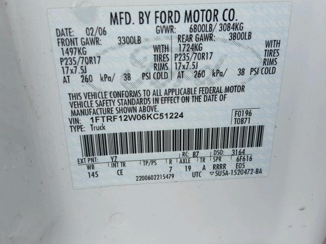 1FTRF12W06KC51224 - 2006 FORD F150 WHITE photo 10