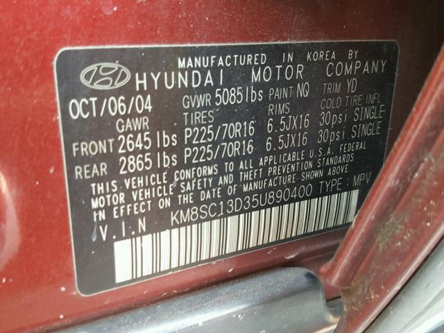 KM8SC13D35U890400 - 2005 HYUNDAI SANTA FE G RED photo 10