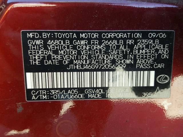 JTHBJ46G972056209 - 2007 LEXUS ES 350 RED photo 10