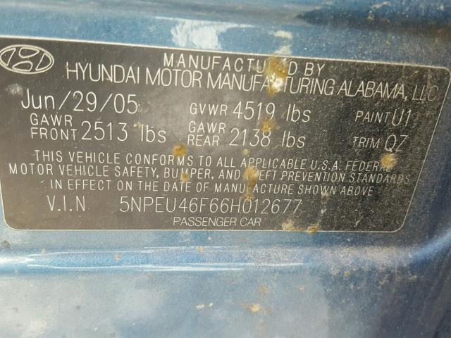 5NPEU46F66H012677 - 2006 HYUNDAI SONATA BLUE photo 10