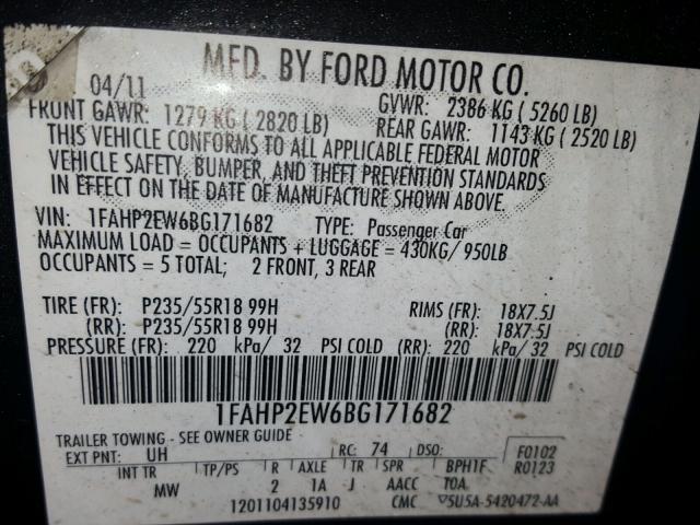 1FAHP2EW6BG171682 - 2011 FORD TAURUS SEL BLACK photo 10