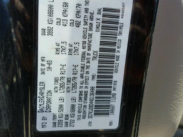 3D7KU28D44G136400 - 2004 DODGE RAM 2500 S შავი ფოტო 10