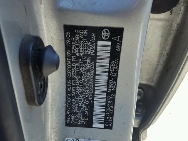 JTDKB20U657048036 - 2005 TOYOTA PRIUS SILVER photo 10