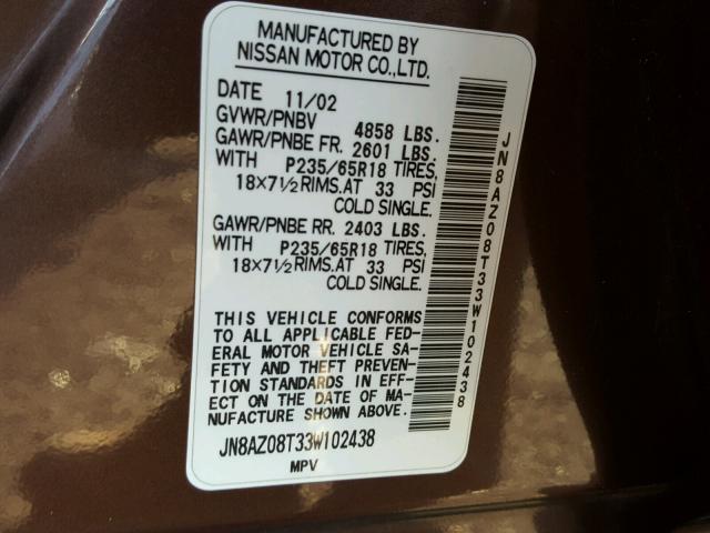 JN8AZ08T33W102438 - 2003 NISSAN MURANO SL BROWN photo 10