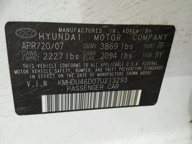 KMHDU46D07U213293 - 2007 HYUNDAI ELANTRA GL WHITE photo 10