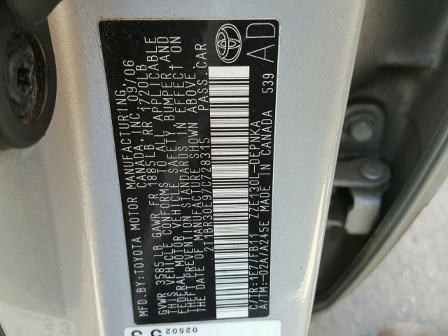 2T1BR30E97C728315 - 2007 TOYOTA COROLLA CE SILVER photo 10