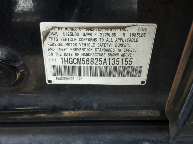 1HGCM56825A135155 - 2005 HONDA ACCORD EX BLACK photo 10