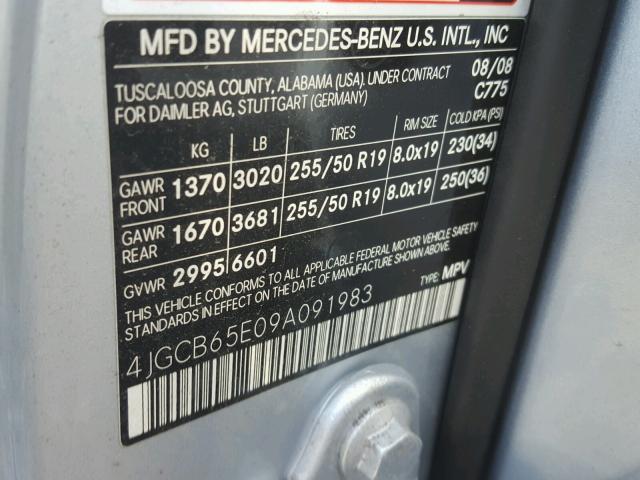 4JGCB65E09A091983 - 2009 MERCEDES-BENZ R 350 4MAT SILVER photo 10