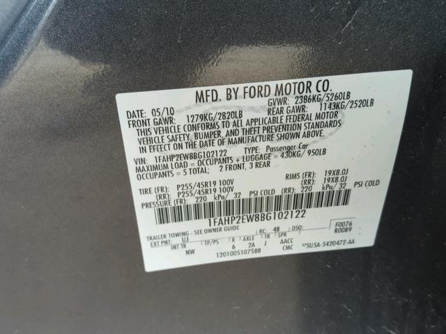 1FAHP2EW8BG102122 - 2011 FORD TAURUS SEL GRAY photo 10