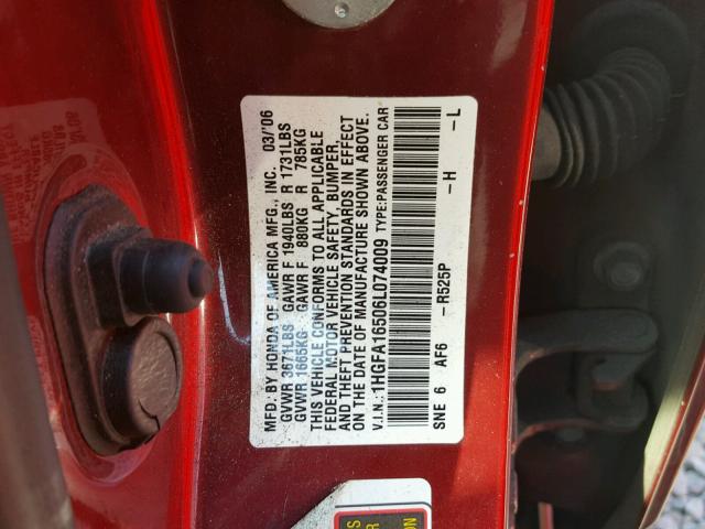 1HGFA16506L074009 - 2006 HONDA CIVIC LX RED photo 10