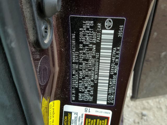 4T1BK1EB9DU017103 - 2013 TOYOTA AVALON BAS MAROON photo 10