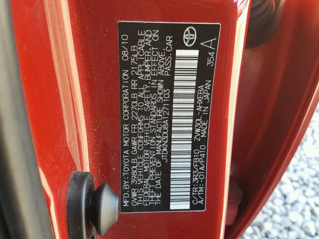 JTDKN3DU8A1271103 - 2010 TOYOTA PRIUS RED photo 10