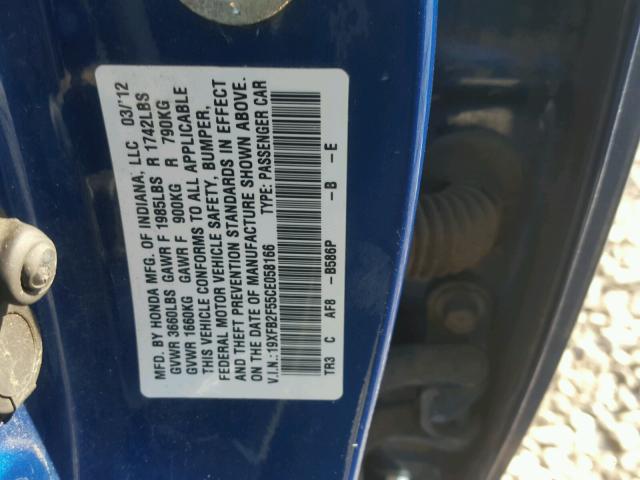 19XFB2F55CE058166 - 2012 HONDA CIVIC LX BLUE photo 10