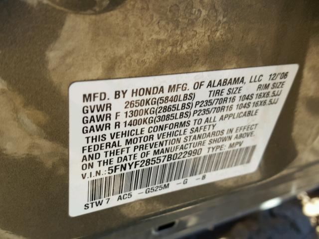 5FNYF28557B022990 - 2007 HONDA PILOT EXL GREEN photo 10