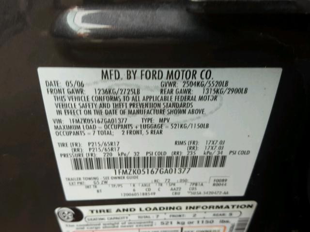1FMZK05167GA01377 - 2007 FORD FREESTYLE CHARCOAL photo 10
