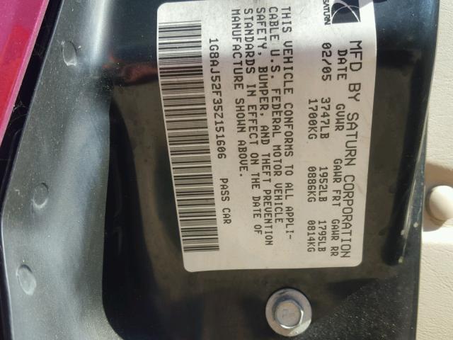 1G8AJ52F35Z151606 - 2005 SATURN ION LEVEL 勃艮第红 照片 10