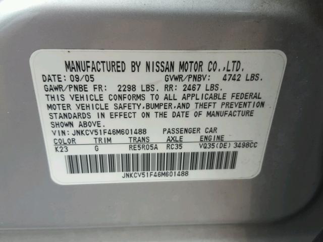 JNKCV51F46M601488 - 2006 INFINITI G35 SILVER photo 10