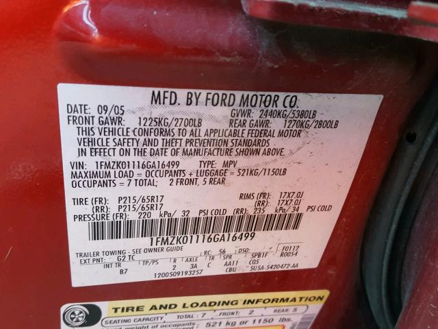 1FMZK01116GA16499 - 2006 FORD FREESTYLE RED photo 10