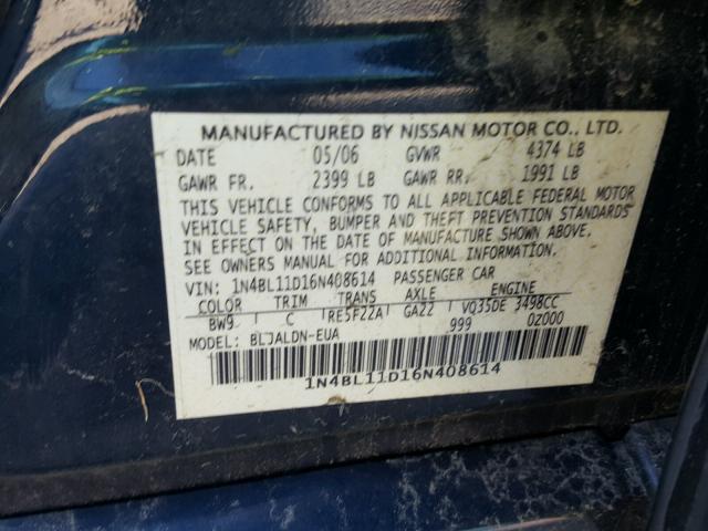 1N4BL11D16N408614 - 2006 NISSAN ALTIMA SE BLACK photo 10