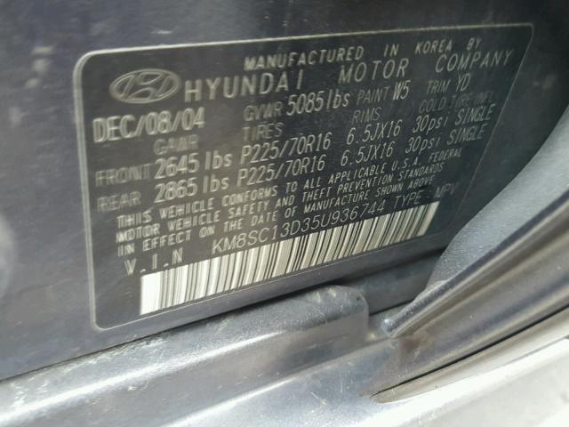 KM8SC13D35U936744 - 2005 HYUNDAI SANTA FE G GRAY photo 10