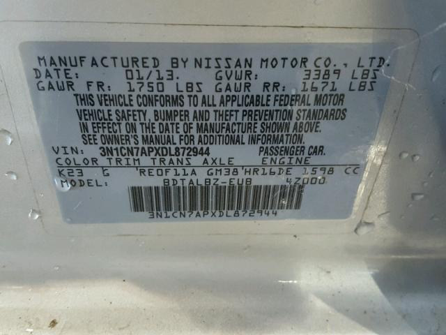 3N1CN7APXDL872944 - 2013 NISSAN VERSA S SILVER photo 10