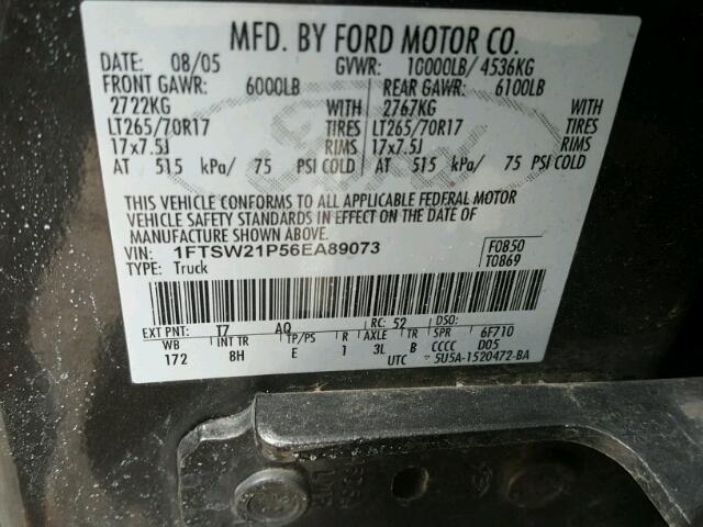 1FTSW21P56EA89073 - 2006 FORD F250 SUPER CHARCOAL photo 10