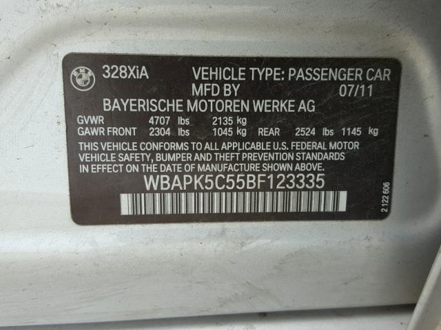 WBAPK5C55BF123335 - 2011 BMW 328 XI SUL SILVER photo 10