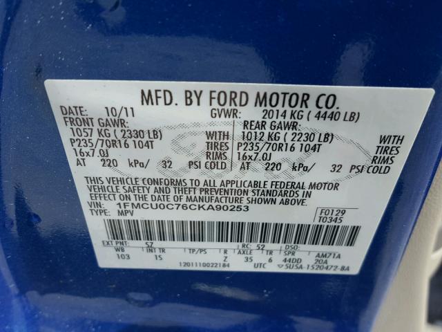 1FMCU0C76CKA90253 - 2012 FORD ESCAPE XLS BLUE photo 10