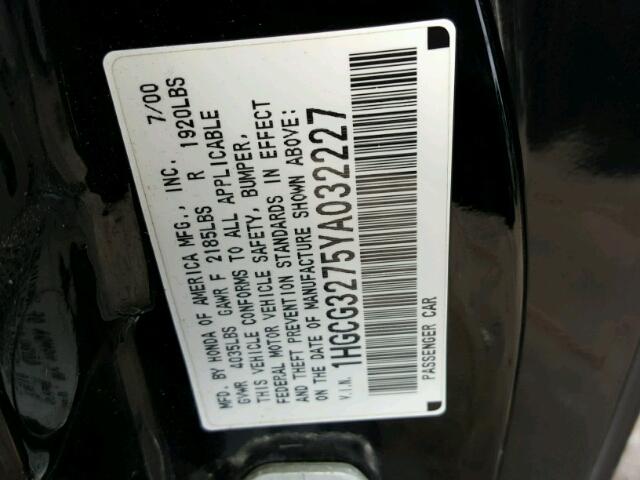 1HGCG3275YA032227 - 2000 HONDA ACCORD EX BLACK photo 10