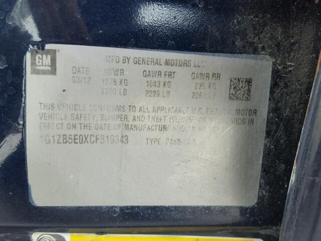 1G1ZB5E0XCF319343 - 2012 CHEVROLET MALIBU LS ლურჯი ფოტო 10