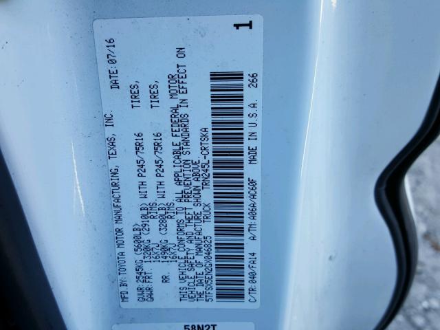 5TFSX5EN2GX046825 - 2016 TOYOTA TACOMA ACC WHITE photo 10