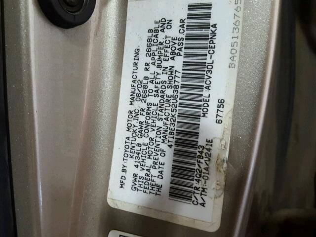 4T1BE32K52U638777 - 2002 TOYOTA CAMRY LE TAN photo 10