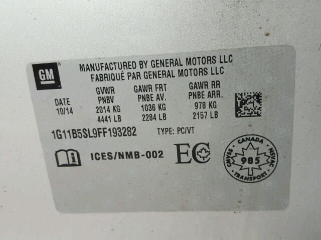 1G11B5SL9FF193282 - 2015 CHEVROLET MALIBU LS ვერცხლისფერი ფოტო 10