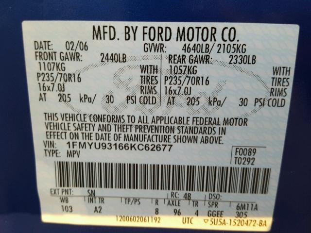 1FMYU93166KC62677 - 2006 FORD ESCAPE XLT BLUE photo 10