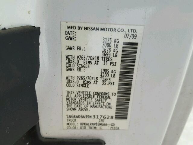 1N6BA06A39N317628 - 2009 NISSAN TITAN XE WHITE photo 10