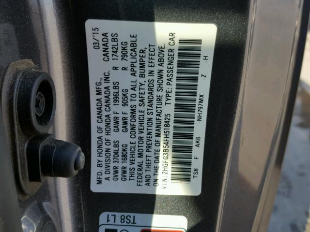 2HGFG3B54FH518425 - 2015 HONDA CIVIC LX GRAY photo 10