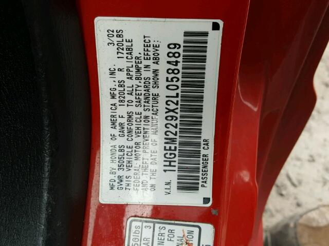 1HGEM229X2L058489 - 2002 HONDA CIVIC EX წითელი ფოტო 10