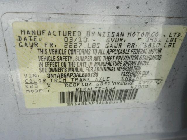 3N1AB6AP3AL680139 - 2010 NISSAN SENTRA 2.0 SILVER photo 10