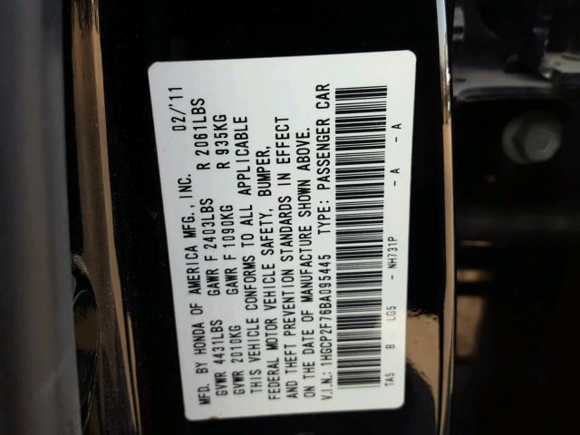 1HGCP2F76BA095445 - 2011 HONDA ACCORD EX BLACK photo 10