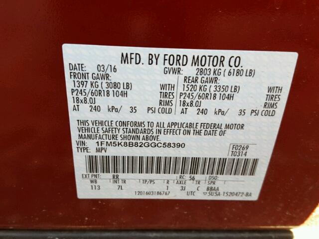 1FM5K8B82GGC58390 - 2016 FORD EXPLORER RED photo 10