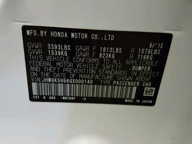 JHMGK5H56GX000140 - 2016 HONDA FIT LX أبيض صورة 10