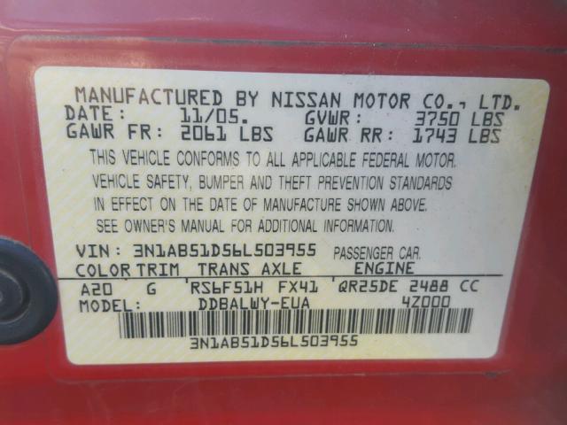 3N1AB51D56L503955 - 2006 NISSAN SENTRA SE- RED photo 10