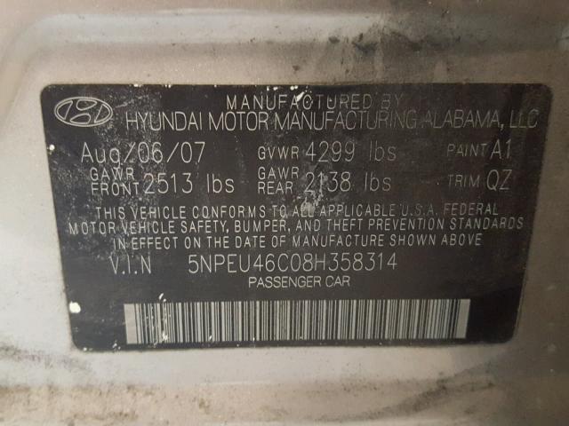 5NPEU46C08H358314 - 2008 HYUNDAI SONATA SE SILVER photo 10