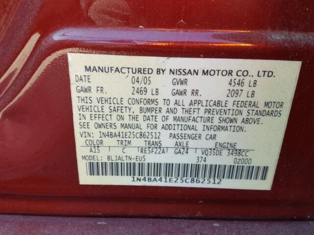 1N4BA41E25C862512 - 2005 NISSAN MAXIMA SE RED photo 10