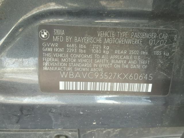 WBAVC93527KX60645 - 2007 BMW 328 XI GRAY photo 10