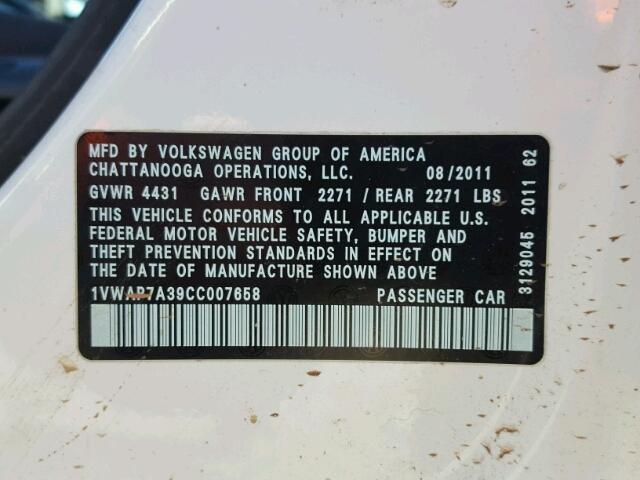 1VWAP7A39CC007658 - 2012 VOLKSWAGEN PASSAT S WHITE photo 10