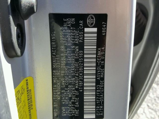 4T1BF3EK3BU215169 - 2011 TOYOTA CAMRY BASE SILVER photo 10