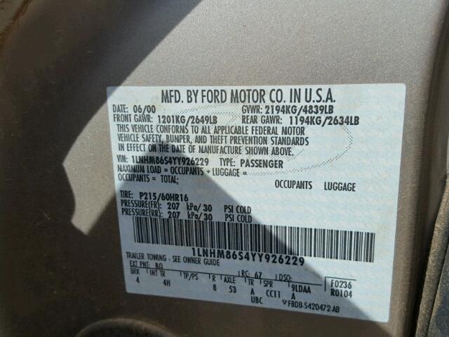 1LNHM86S4YY926229 - 2000 LINCOLN LS GOLD photo 10