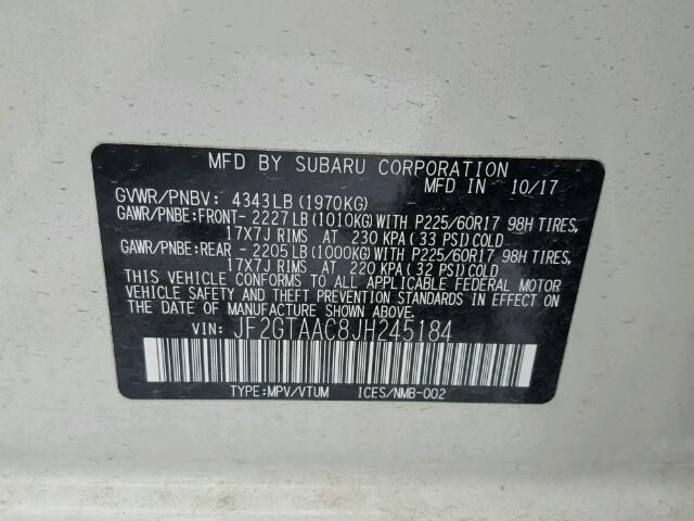 JF2GTAAC8JH245184 - 2018 SUBARU CROSSTREK BEIGE photo 10