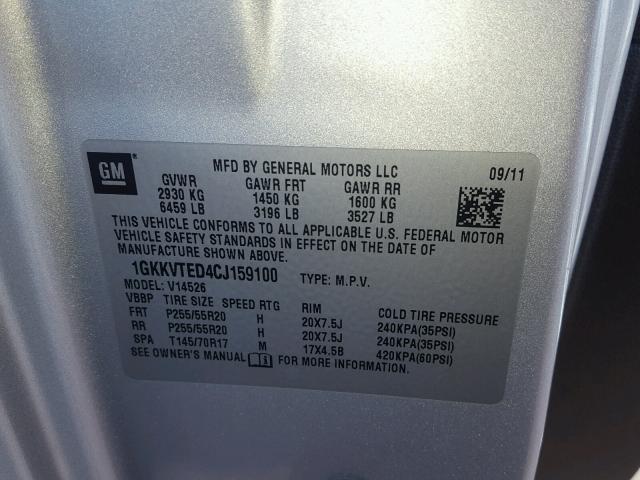 1GKKVTED4CJ159100 - 2012 GMC ACADIA DEN SILVER photo 10